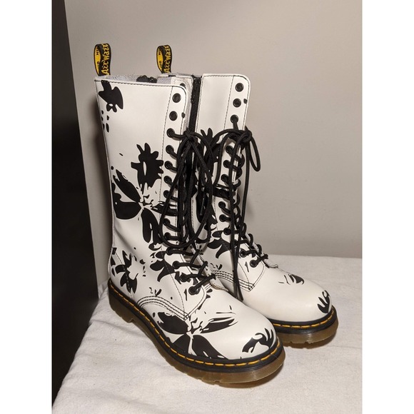 Dr. Martens Shoes - Dr Martens Petula 14 Hole Mid Calf Black White Patent Leather Boots UK 5 / US 7
